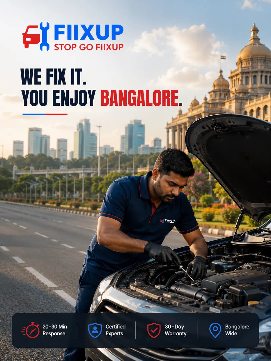 Fiixup mechanic repairing a car at a customer's home in Bangalore